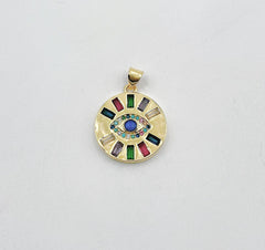 18K Gold Filled Colorful Evil Eye Round Disc Charm, CP1332