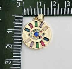 18K Gold Filled Colorful Evil Eye Round Disc Charm, CP1332