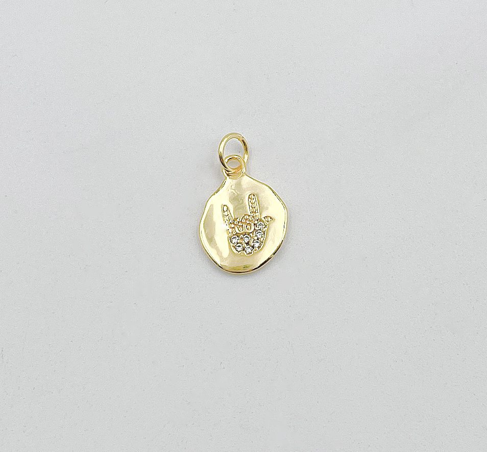 18K Gold Filled Rock n Roll Hand Gesture Charm, Flat Hammered Disc Hand Charm, Hand Sign Pendants for Bracelet Necklace Supplies, CP1333