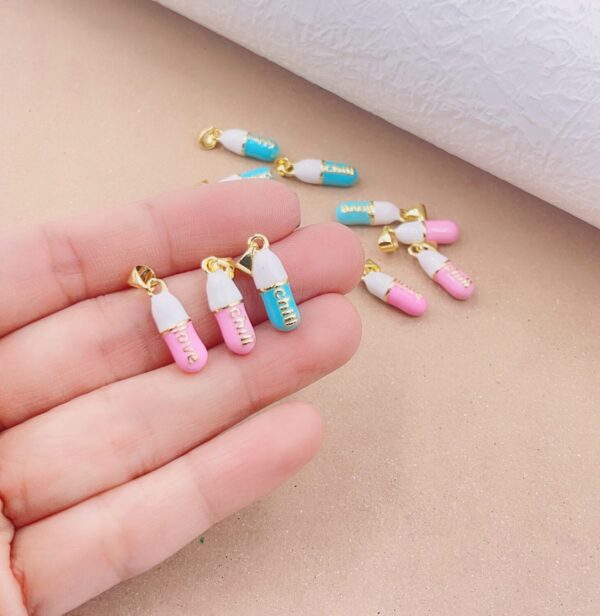 24K Gold Filed Dainty Pill Bar Pendant Enamel Teal Happy Chill Charm, Pendant for Bracelet Necklace Earring Component Supply, CP1338