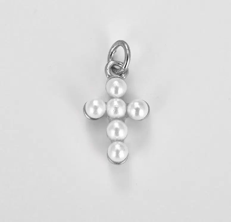 18K Gold Filled Dainty Pearl Cross Charm Pendant, Faith Cross Pendant Religious Jewelry for Necklace Making Supplies, 15x10mm, CP1344