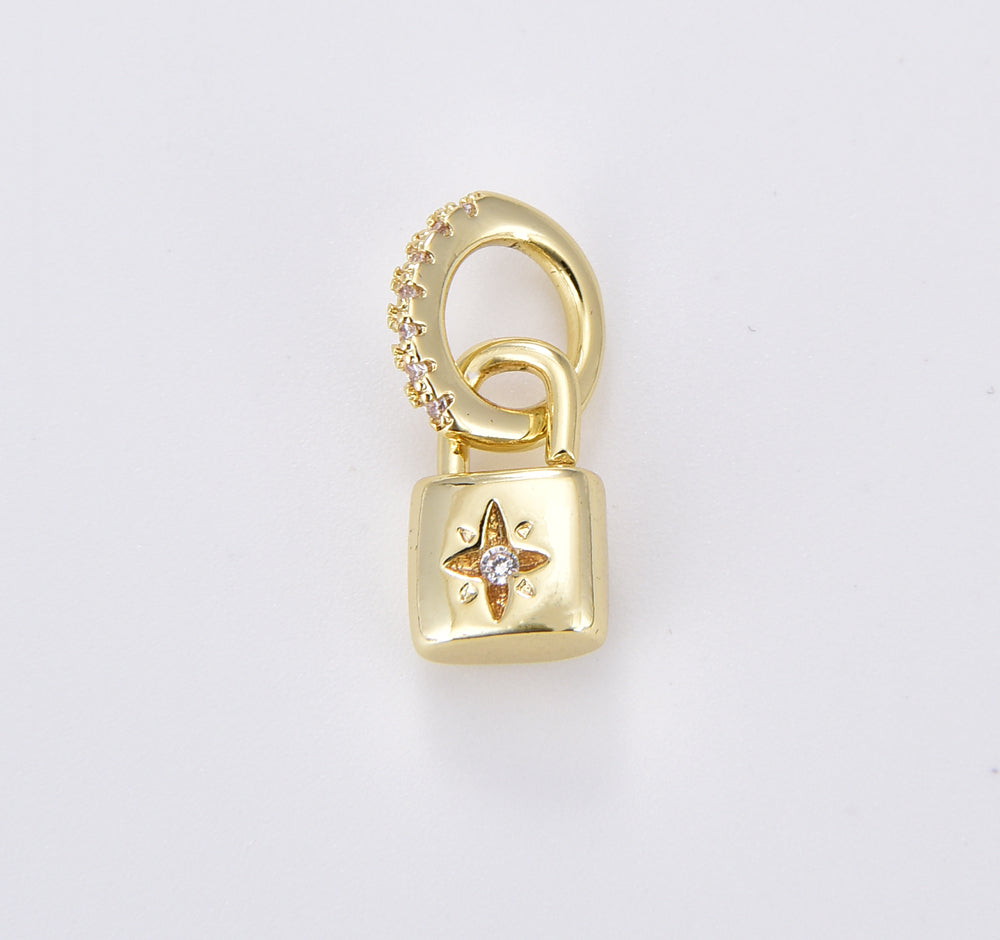 18K Gold Dainty Flower Padlock Charm with 7mm Jump Ring, Flower Lock Charm for Necklace Bracelet Jewelry Making Supply, CP1363