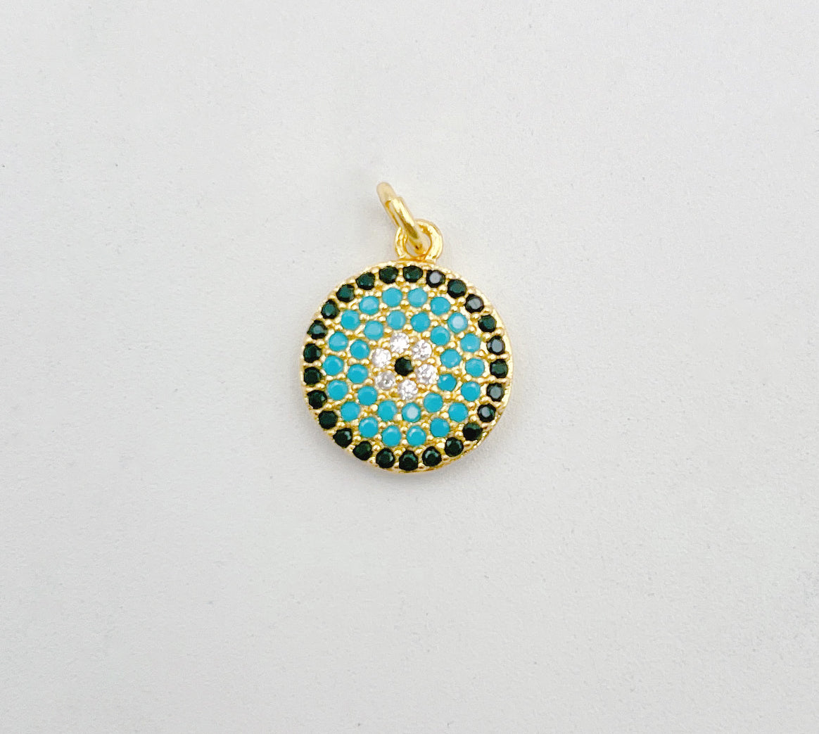 Round Disc Pave Charm, 18K Gold Evil Eye Charm Coin Disc Charm for Bracelet Necklace Earring Component Supply, 12mm, CP1374