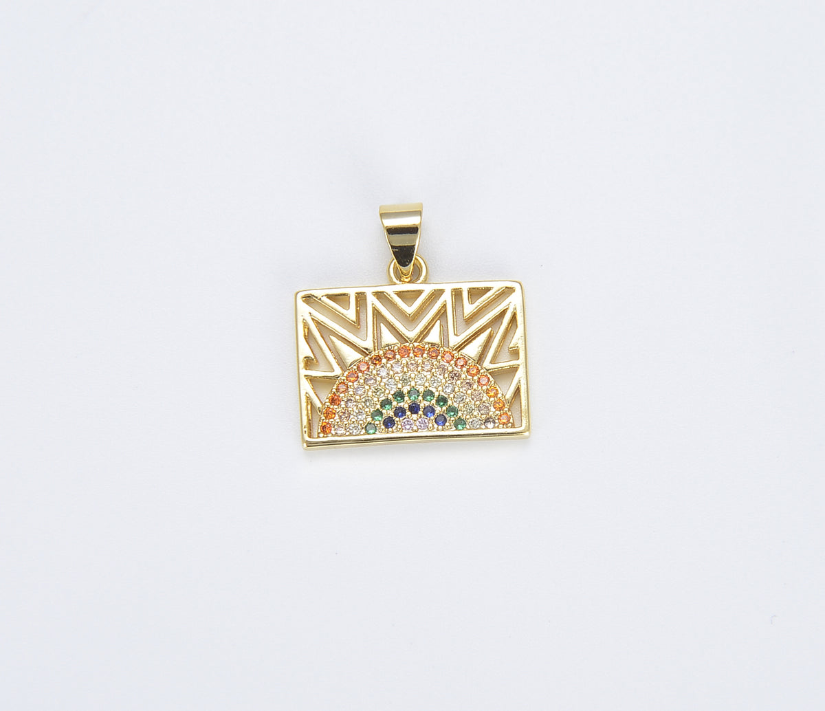 18K Gold Dainty Rainbow Rectangular Tag Charm, Gold Rainbow Pendant for Necklace Bracelet Earring Charm Component Supply, CP1379