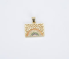 18K Gold Dainty Rainbow Rectangular Tag Charm, Gold Rainbow Pendant for Necklace Bracelet Earring Charm Component Supply, CP1379