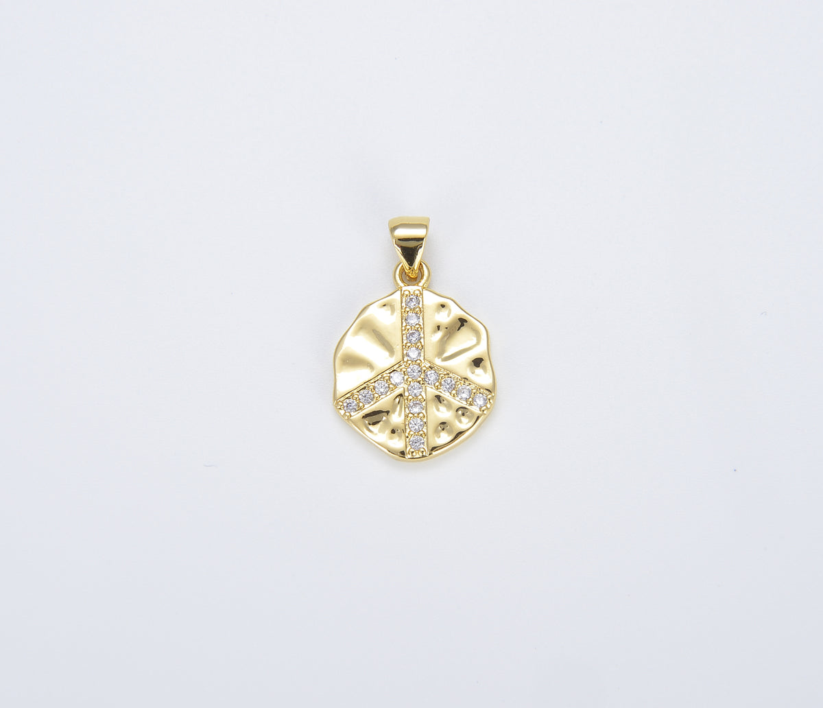 18K Gold Peace Sign Charm, Cubic Zirconia Charm, Medallion Peace Charm for Necklace Bracelet Jewelry Making Supply, 16mm, CP1380