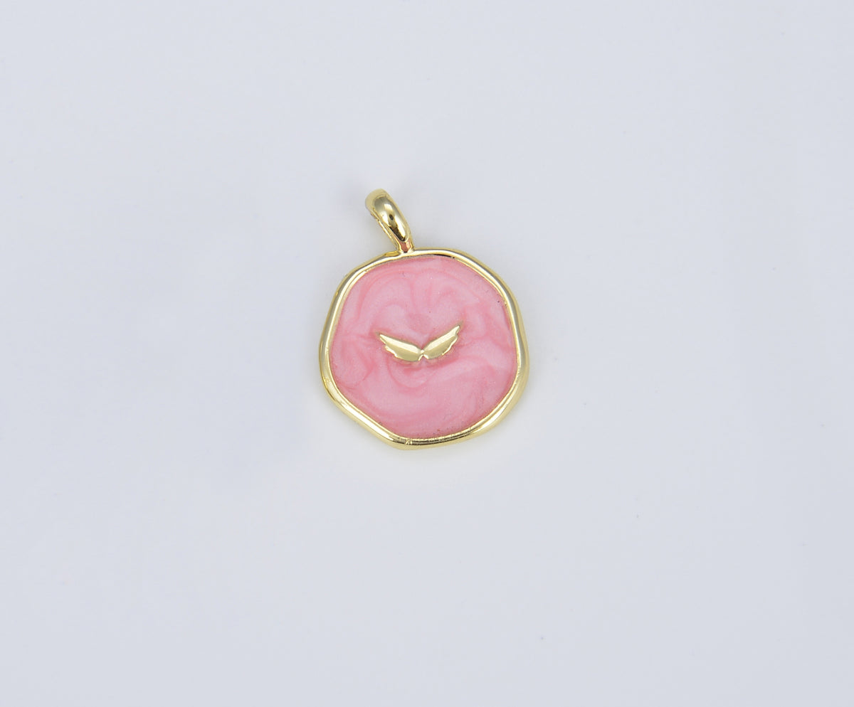 Pink Enamel Angel Wings Charm in 18K Gold , Tiny Medallion Angel Wings, DIY Craft Necklace Pendant Charm for Jewelry Making, CP1397