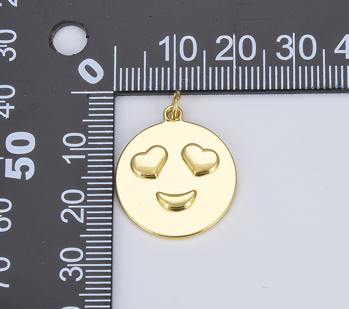 18K Gold Heart Eyes Emoji Charm Happy Smile Pendant for Kids Teens Necklace Jewelry Making Supply, 20mm, CP1400