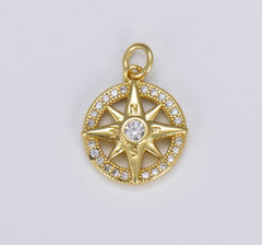 18K Gold Compass Starburst CZ Charm, Micro Pave Cubic Zirconia Star Charm, North Star Charm, Star Charm for Bracelet Necklace Charm, CP1405