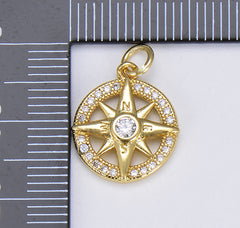 18K Gold Compass Starburst CZ Charm, Micro Pave Cubic Zirconia Star Charm, North Star Charm, Star Charm for Bracelet Necklace Charm, CP1405