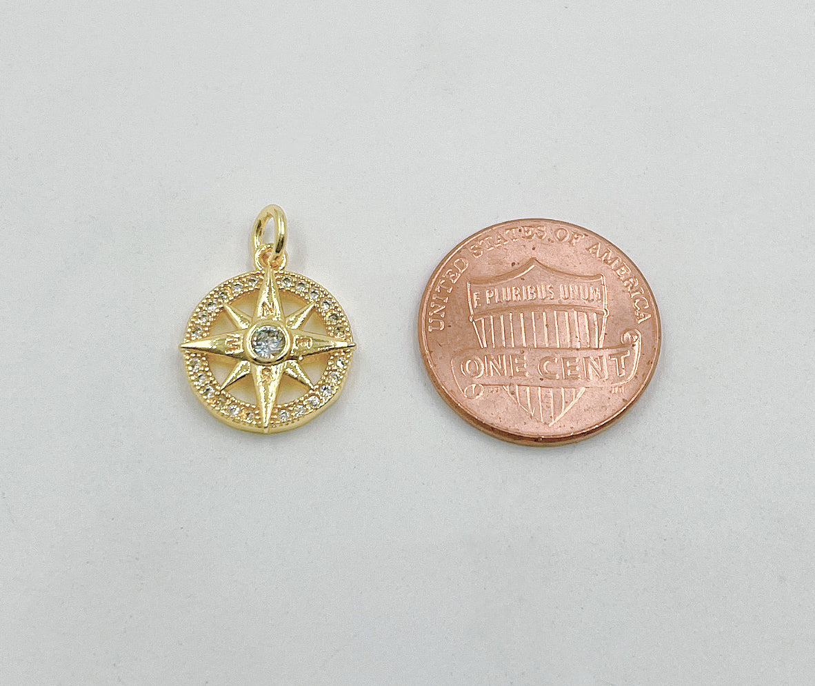 18K Gold Compass Starburst CZ Charm, Micro Pave Cubic Zirconia Star Charm, North Star Charm, Star Charm for Bracelet Necklace Charm, CP1405