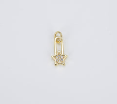 18K Gold Dainty Delicate Safety Pin w/ Star Cubic Zirconia Bracelet Charm Bead Finding Connector for Earring Jewelry Making, CP1416