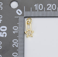 18K Gold Dainty Delicate Safety Pin w/ Star Cubic Zirconia Bracelet Charm Bead Finding Connector for Earring Jewelry Making, CP1416