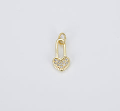 18K Gold Dainty Delicate Heart Padlock , Safety Pin w/ Love Heart Cubic Zirconia Bracelet Charm Finding Connector for Jewelry Making, CP1417