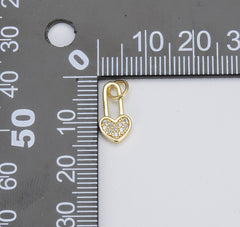 18K Gold Dainty Delicate Heart Padlock , Safety Pin w/ Love Heart Cubic Zirconia Bracelet Charm Finding Connector for Jewelry Making, CP1417