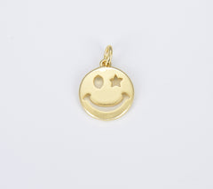 18K Gold Happy Face Charm, Gold Emoji Charm Star Smile Charm Pendant Smiley Face Charms for Necklace Earring Bracelet Supply, CP1423