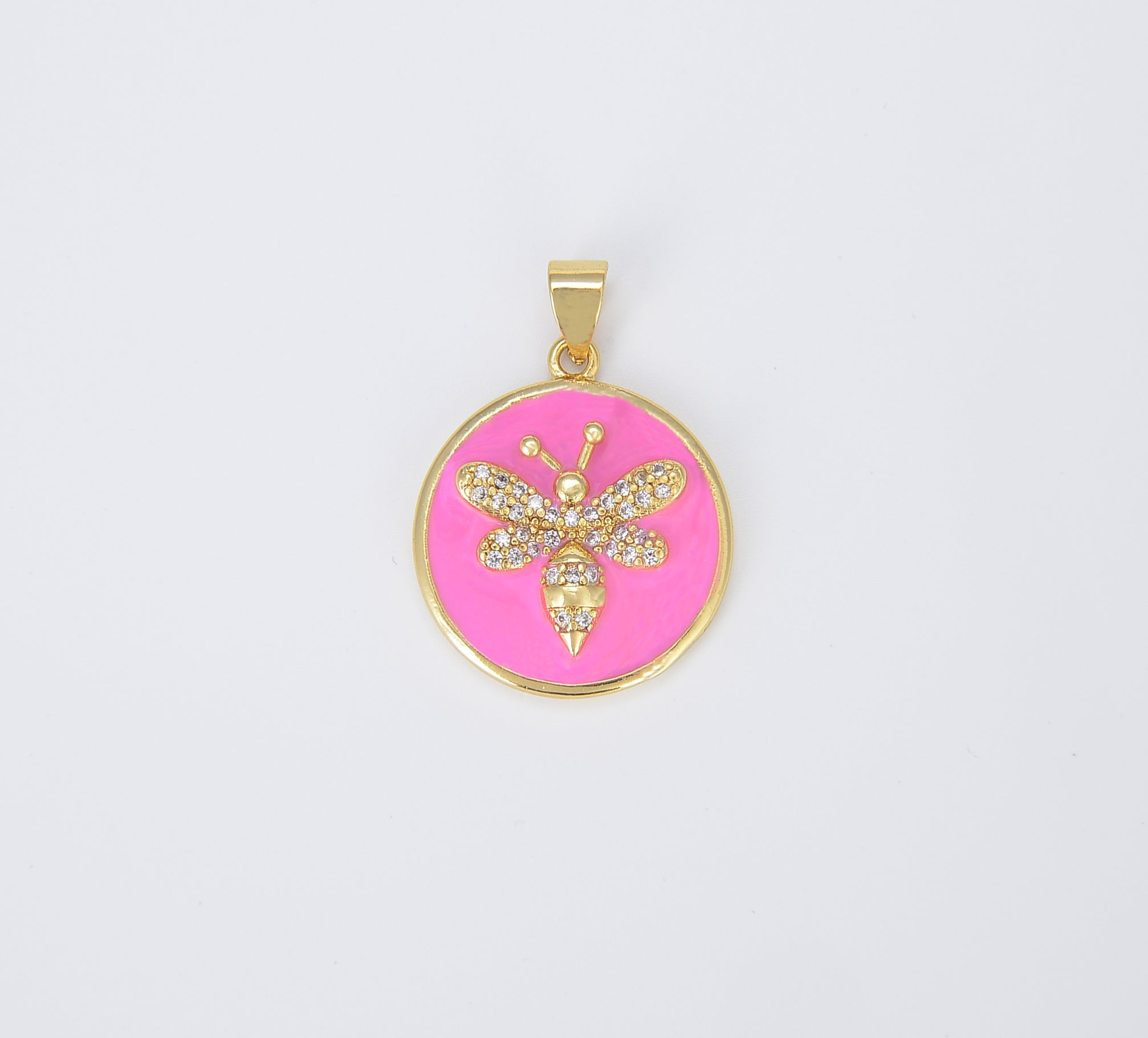 18K Gold Filled Light Blue Pink Bee Enamel Charm, Queen Bee Medallion, Dainty Honeybee Charm for Necklace Bracelet Jewelry Making Supply, 26x19mm, CP1424