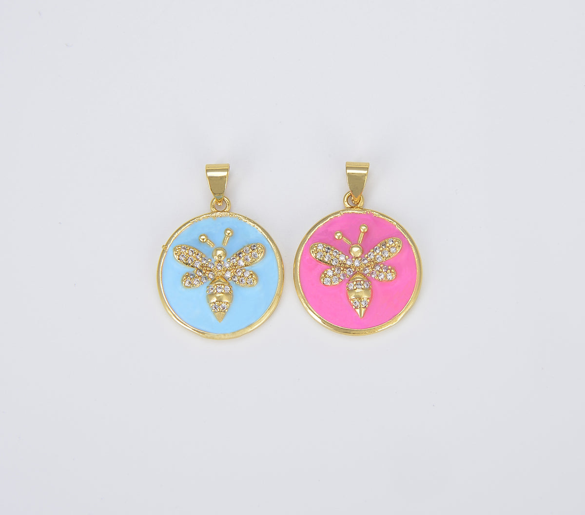 18K Gold Filled Light Blue Pink Bee Enamel Charm, Queen Bee Medallion, Dainty Honeybee Charm for Necklace Bracelet Jewelry Making Supply, 26x19mm, CP1424