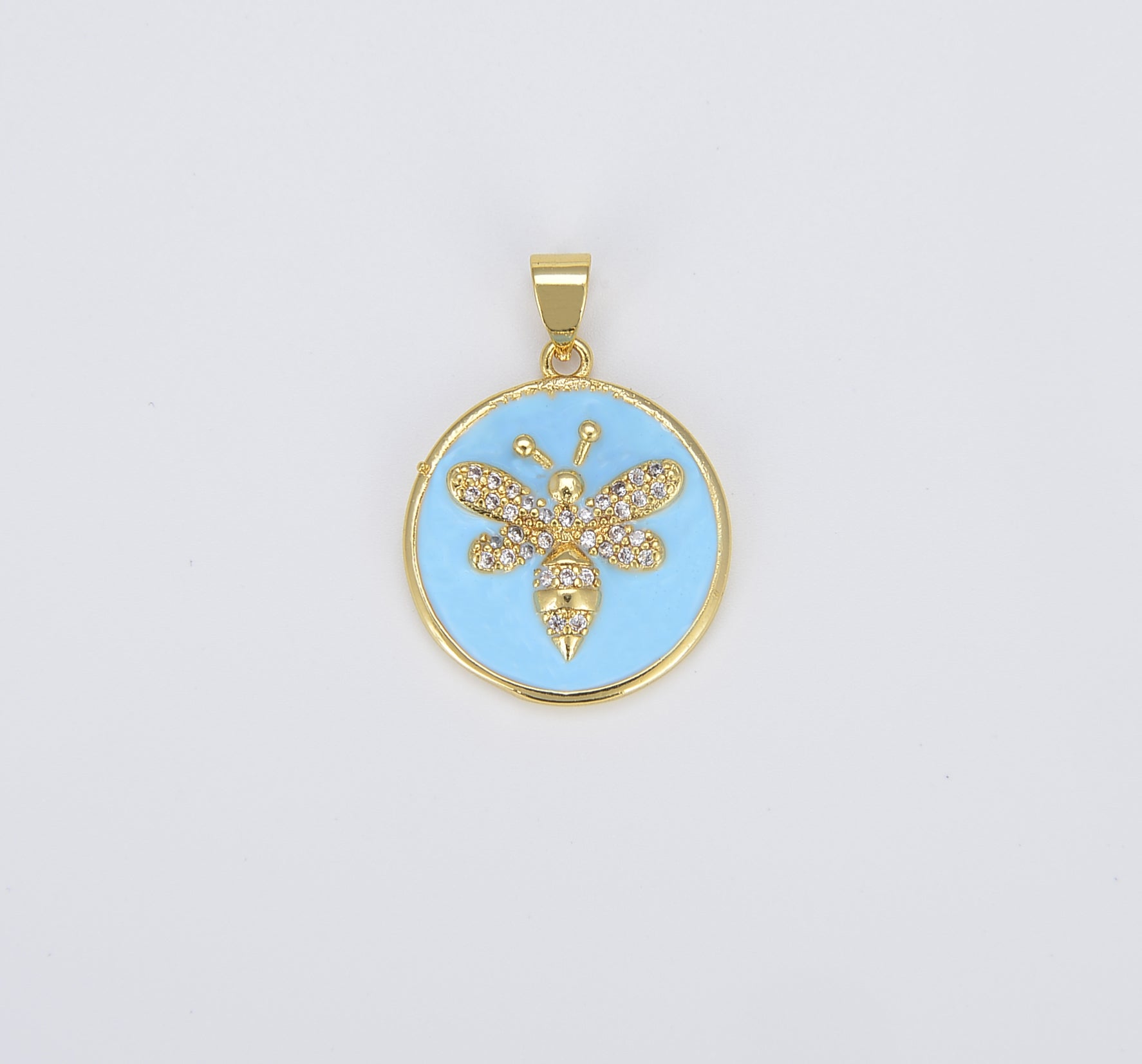 18K Gold Filled Light Blue Pink Bee Enamel Charm, Queen Bee Medallion, Dainty Honeybee Charm for Necklace Bracelet Jewelry Making Supply, 26x19mm, CP1424