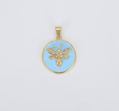 18K Gold Filled Light Blue Pink Bee Enamel Charm, Queen Bee Medallion, Dainty Honeybee Charm for Necklace Bracelet Jewelry Making Supply, 26x19mm, CP1424