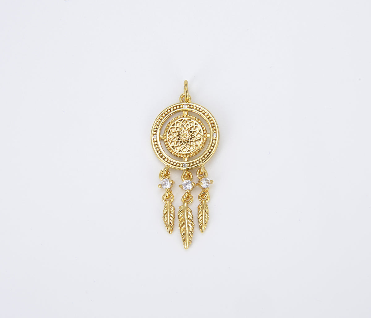 18K Gold Dream Catcher Charm Necklace Pendant Boho Charm for Jewelry Making Bohemian Inspired, 40x16mm, CP1427