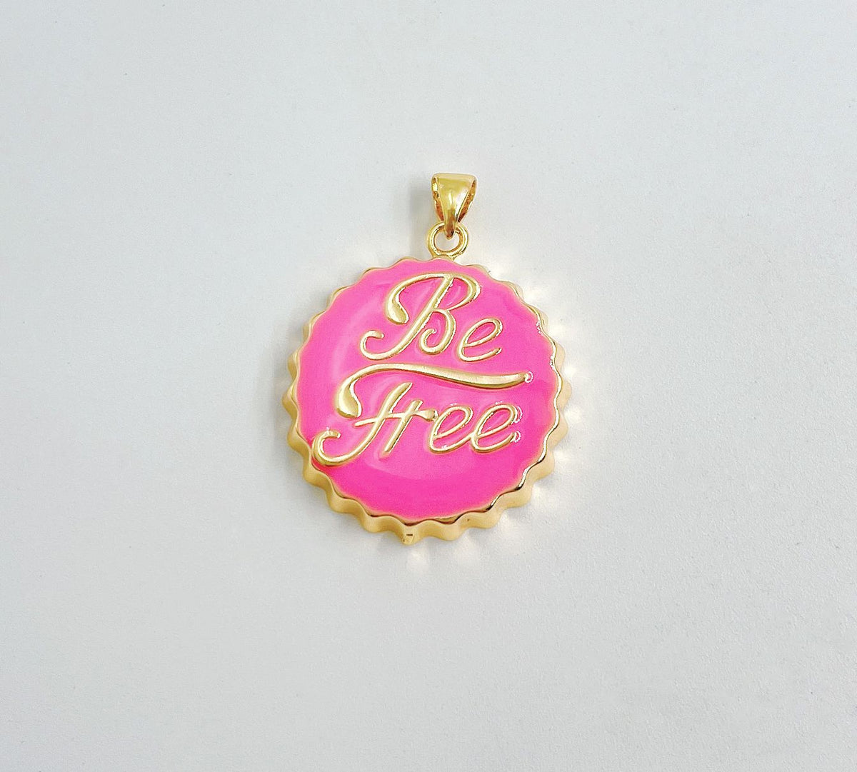 18K Gold  Be Free Soda Cap Charm in Pink Enamel for Necklace Bracelet Jewelry Making Supplies, Gold Bottle Cap Charm, CP1440