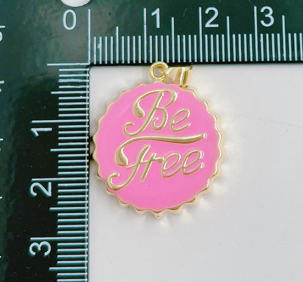 18K Gold  Be Free Soda Cap Charm in Pink Enamel for Necklace Bracelet Jewelry Making Supplies, Gold Bottle Cap Charm, CP1440