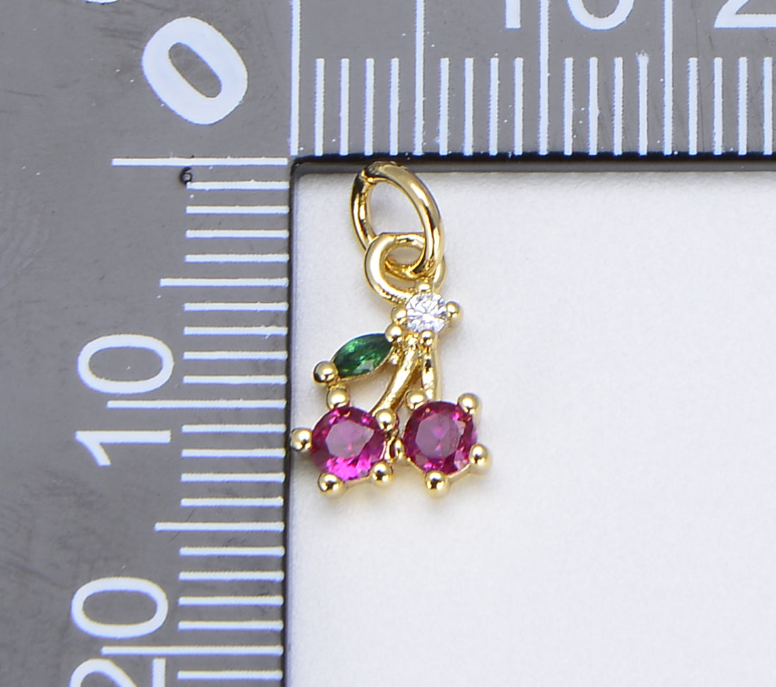 Ruby Zirconia Cherry Charm, Emerald Cubic Necklace Charm, Cherries 18K Gold Fruit Pendant, Jewelry for Bracelet, 14x8mm, CP1448