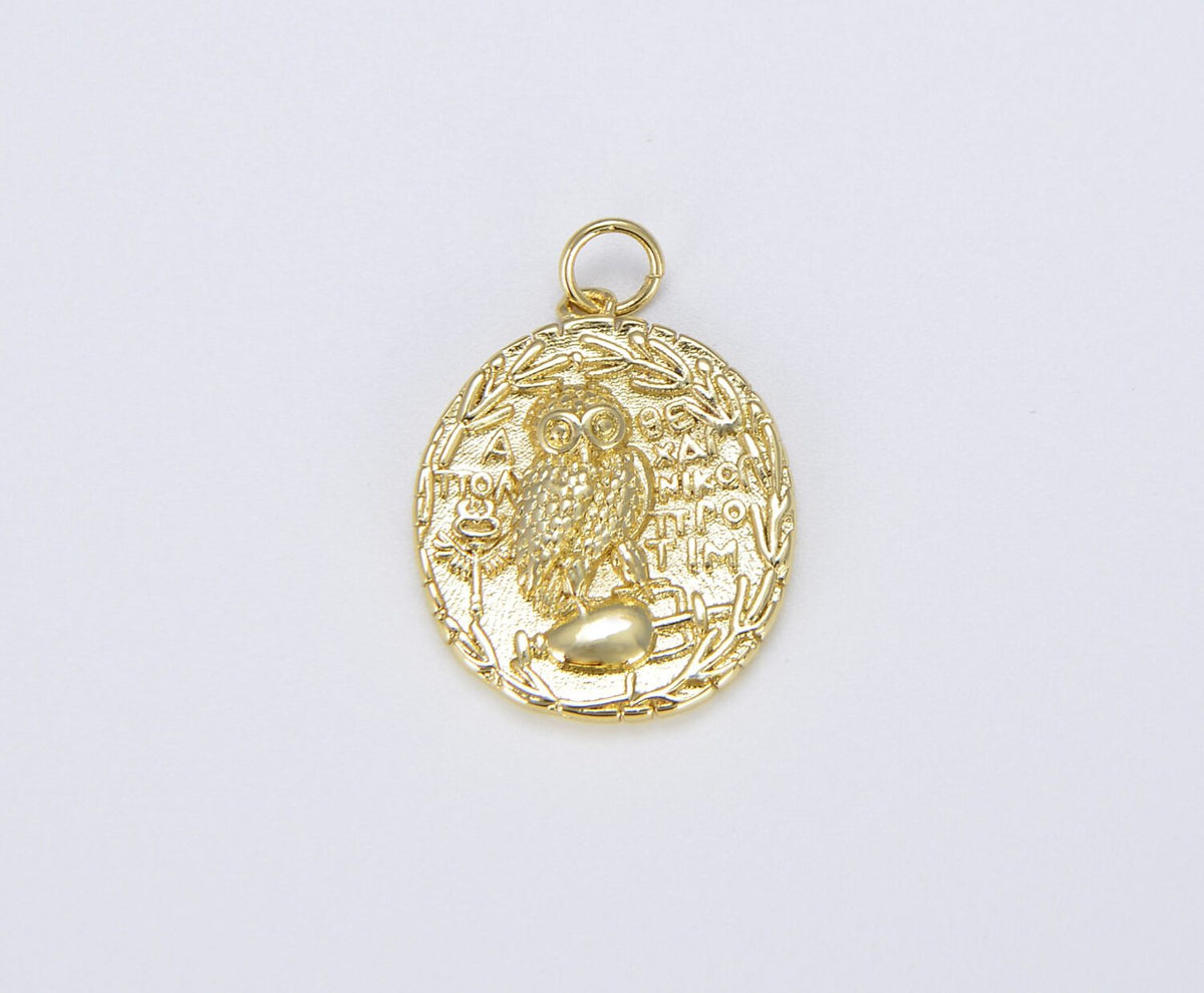 18K Gold Filled Owl of Athena Gold Coin Charm Pendant, CP1452