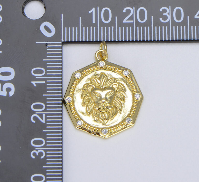 18K Gold Filled Cubic Zirconia Micro Pave Embossed Lion Charm, CP1461