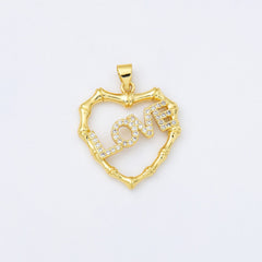 18K Gold Filled Cubic Zirconia Micro Pave Love On Heart Charm, 31x23mm, CP1463