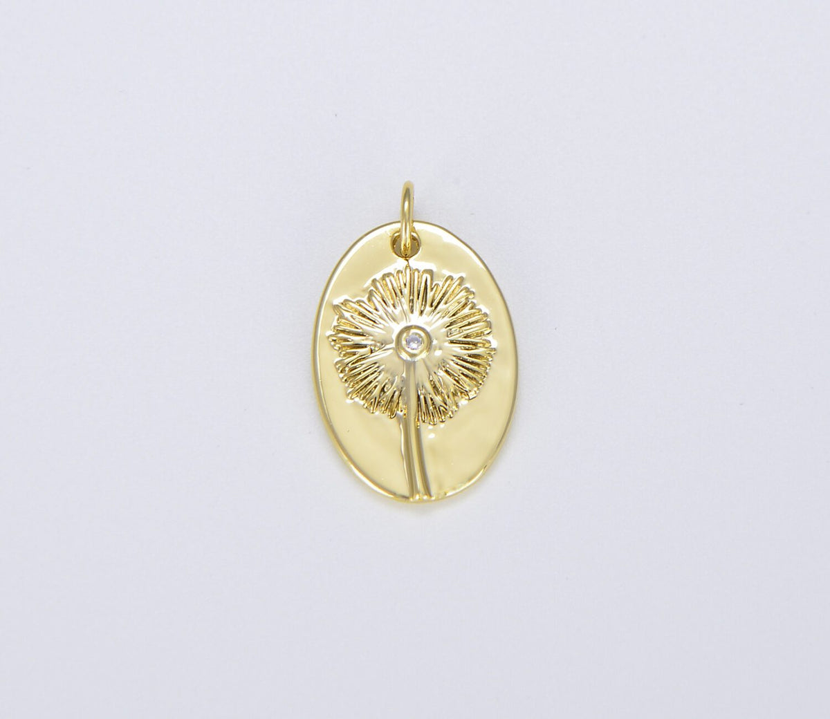 18K Gold Filled Cubic Zirconia Micro Pave Dandelion On Oval Shape Pendant, Dandelion Charm, Necklace Bracelet Charm Pendant, 23x14mm, CP1464