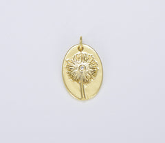 18K Gold Filled Cubic Zirconia Micro Pave Dandelion On Oval Shape Pendant, Dandelion Charm, Necklace Bracelet Charm Pendant, 23x14mm, CP1464