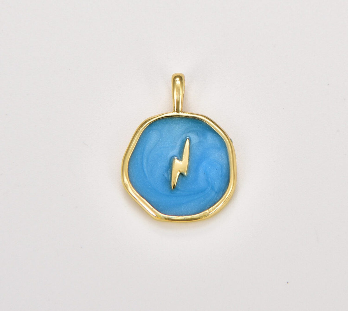 18K Gold Filled Teal Enamel Lightning Bolt Medallion Charm, CP1468B