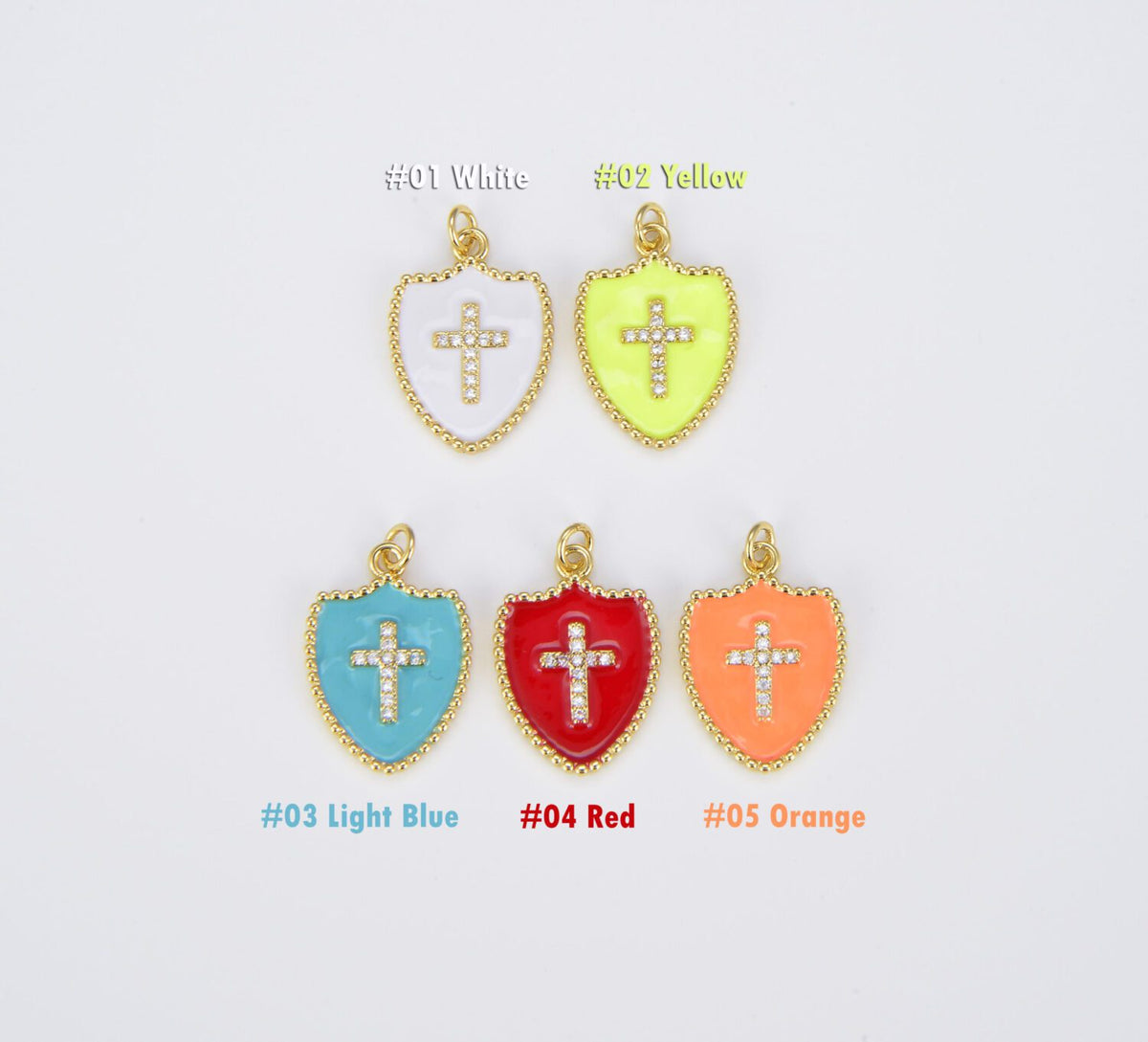 18K Gold Filled Micro Pave Cubic Zirconia Cross on Colorful Enamel Shield Shape Pendant, CP1507