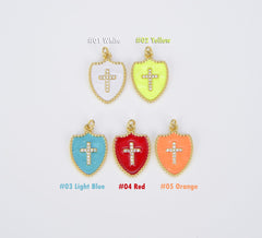 18K Gold Filled Micro Pave Cubic Zirconia Cross on Colorful Enamel Shield Shape Pendant, CP1507