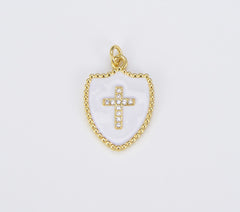 18K Gold Filled Micro Pave Cubic Zirconia Cross on Colorful Enamel Shield Shape Pendant, CP1507