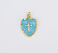 18K Gold Filled Micro Pave Cubic Zirconia Cross on Colorful Enamel Shield Shape Pendant, CP1507