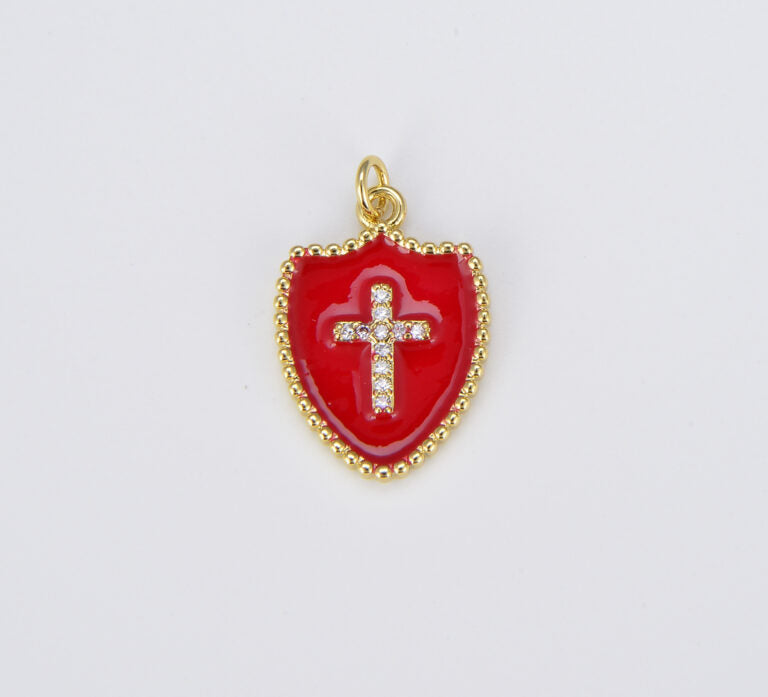 18K Gold Filled Micro Pave Cubic Zirconia Cross on Colorful Enamel Shield Shape Pendant, CP1507