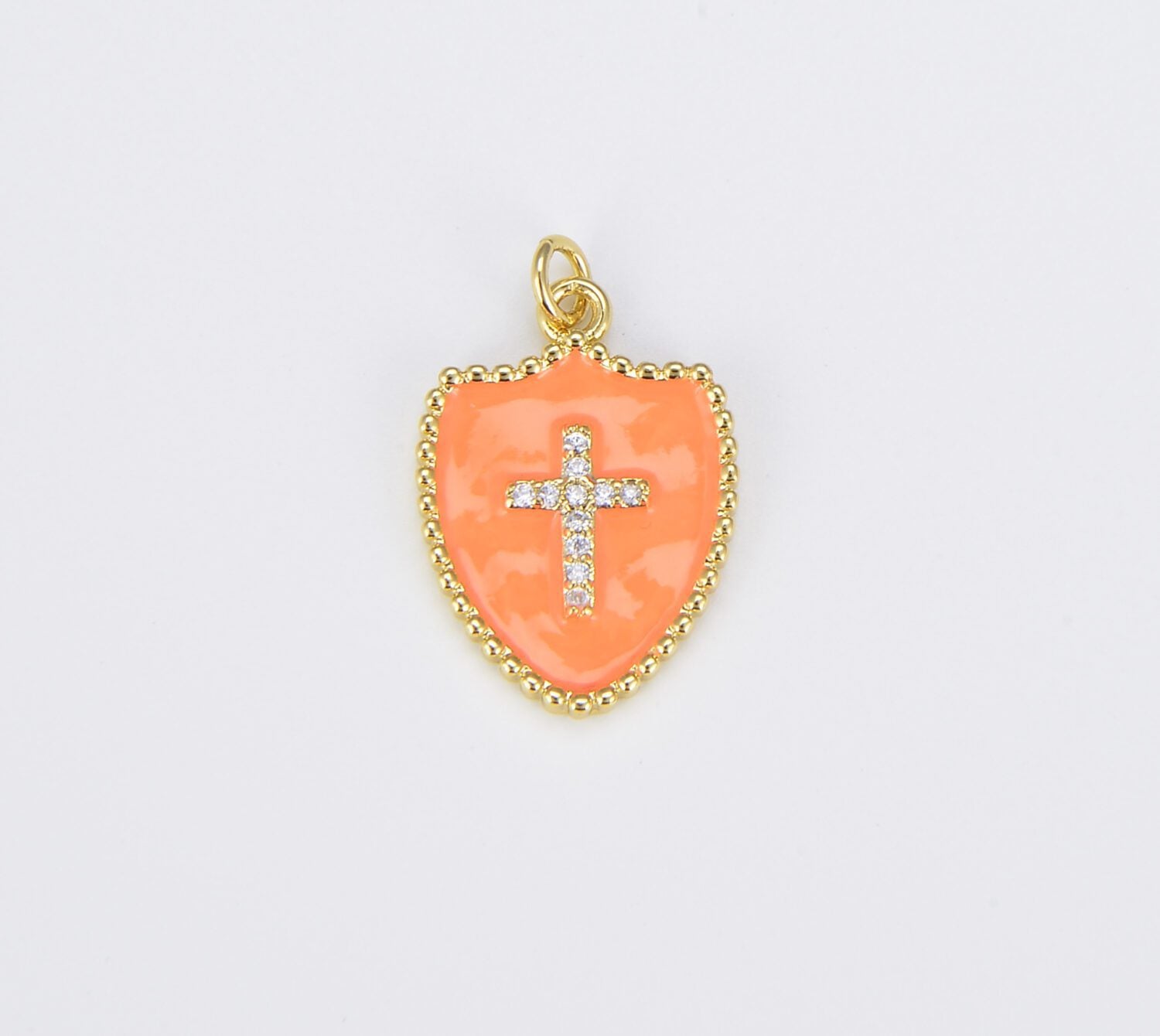 18K Gold Filled Micro Pave Cubic Zirconia Cross on Colorful Enamel Shield Shape Pendant, CP1507