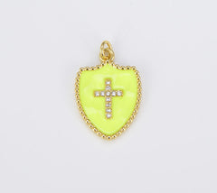 18K Gold Filled Micro Pave Cubic Zirconia Cross on Colorful Enamel Shield Shape Pendant, CP1507