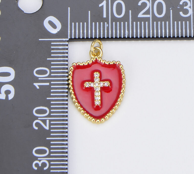 18K Gold Filled Micro Pave Cubic Zirconia Cross on Colorful Enamel Shield Shape Pendant, CP1507