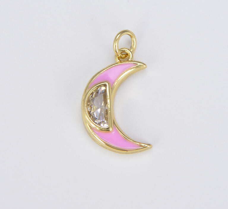 18K Gold Filled Cubic Zirconia Micro Pave Colorful Enamel Crescent Moon Charm, CP1511