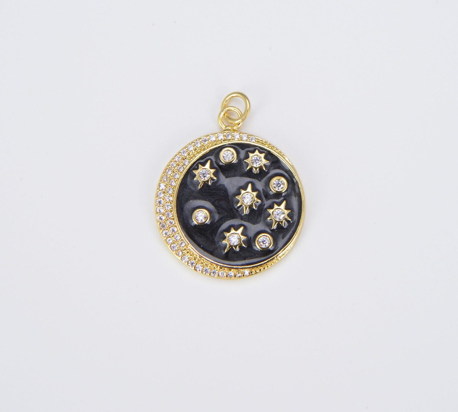 18K Gold Filled Black Enamel Celestial Medallion Charm, Starburst Moon Charm, Gold Filled Over Brass Sky Galaxy Charm Jewelry Making Supply, 28x23mm, CP1514