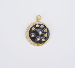 18K Gold Filled Black Enamel Celestial Medallion Charm, Starburst Moon Charm, Gold Filled Over Brass Sky Galaxy Charm Jewelry Making Supply, 28x23mm, CP1514