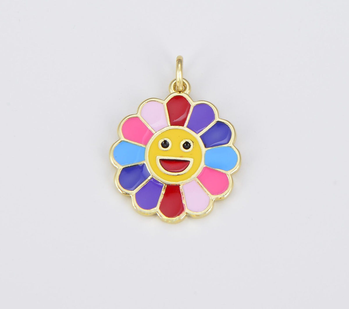 18K Gold Filled Colorful Enamel Flower Smiley Face Charm, CP1539