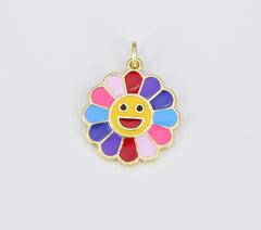 18K Gold Filled Colorful Enamel Flower Smiley Face Charm, CP1539