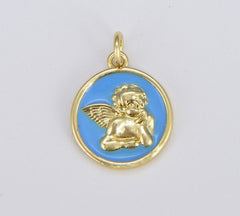 18K Gold Filled Enamel Angel Charm Pendant, Pink White Light Blue Little Angel Charm, Coin Disc Charm for bracelet necklace earrings, Holiday Gift CP1546