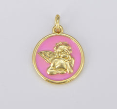 18K Gold Filled Enamel Angel Charm Pendant, Pink White Light Blue Little Angel Charm, Coin Disc Charm for bracelet necklace earrings, Holiday Gift CP1546