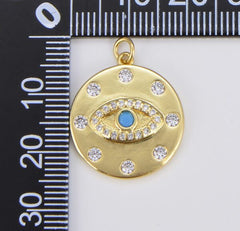 18K Gold Filled Blue Evil Eye Charm, Medallion with Cubic Pendant, Dainty Evil Eye Charm, Bohemian Jewelry Amulet Protection Necklace Supply CP1547